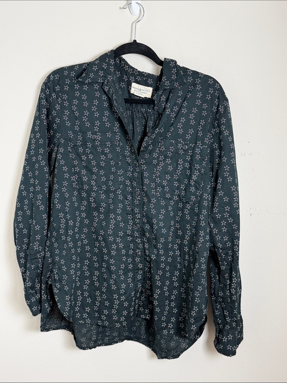 Denim & Supply Ralph Lauren Black White Star Cotton Button Down Blouse Medium